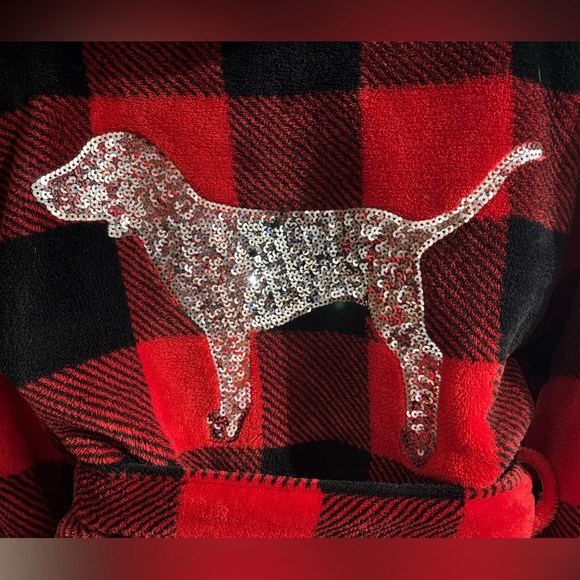 NWOT PINK Victoria’s Secret buffalo plaid bling fleece hooded robe, Size XS/S - Picture 5 of 16